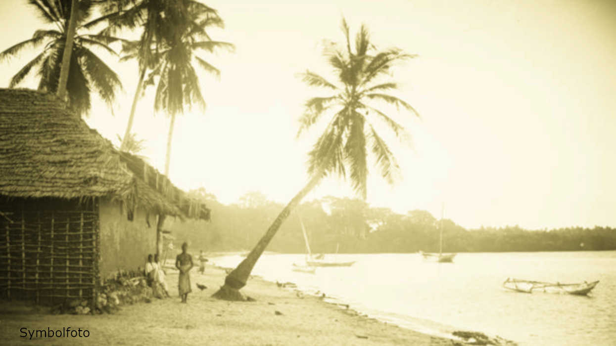 Menschen und Palmen am Strand sowie Fischerboote im Wasser.